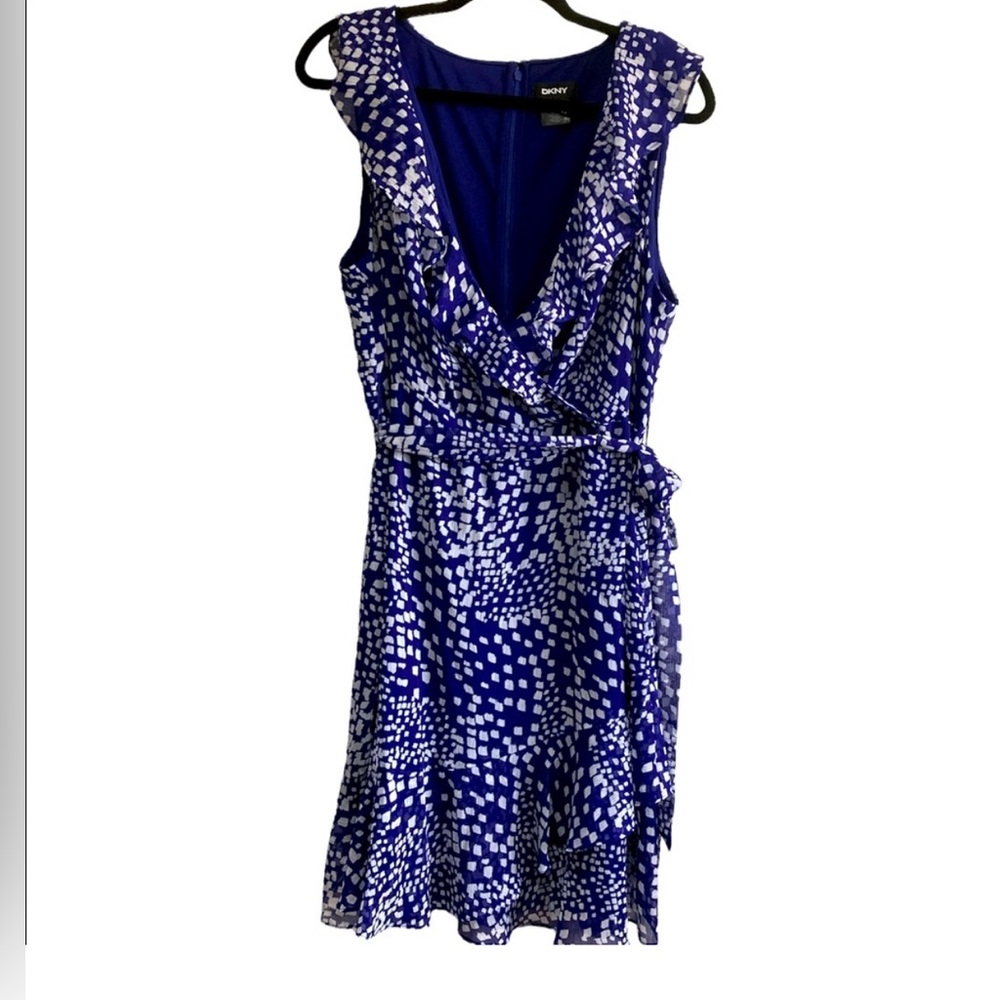 DKNY Faux Wrap Ruffle Chiffon Sleeveless V-Neck TIe-Belt Dress Size 16 Women's